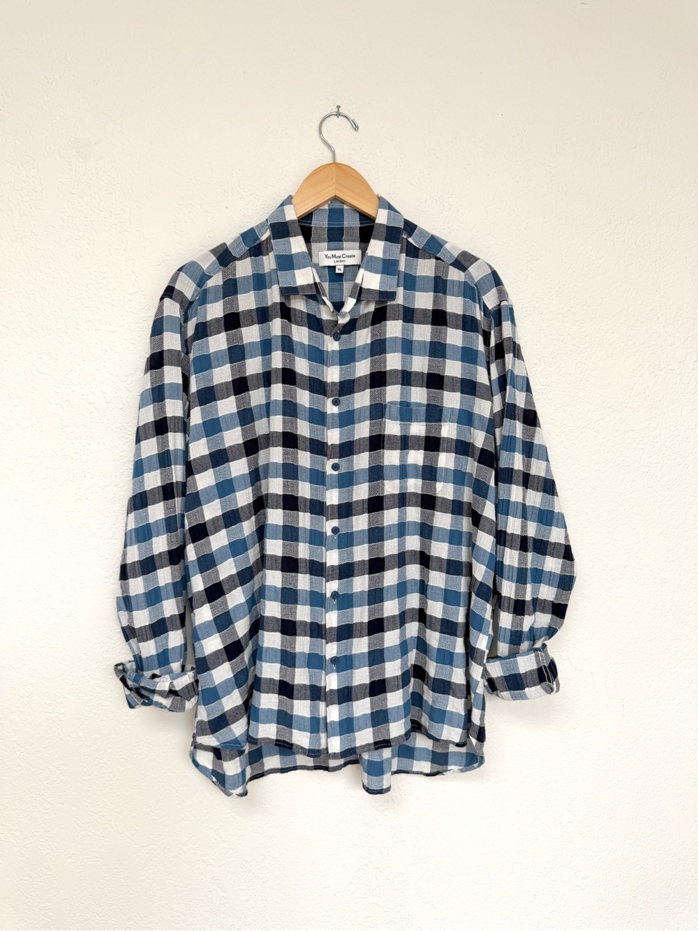 YMC blue / white plaid cotton long sleeve button down street wear preppy / XL